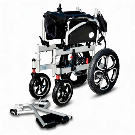Vista plegada de la silla de ruedas eléctrica plegable y ligera con chasis de aluminio y batería de litio extraíble dortomedical