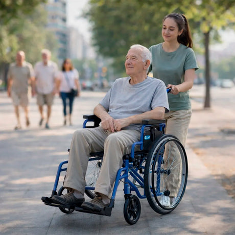 Paseo de un señor mayor con su cuidadora que maneja la silla de ruedas estrecha y plegable en exterior dortomedical