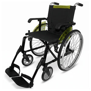 Modelo pistacho de la silla de ruedas plegable con sistema Quick Release que permite extraer las ruedas de manera sencilla dortomedical