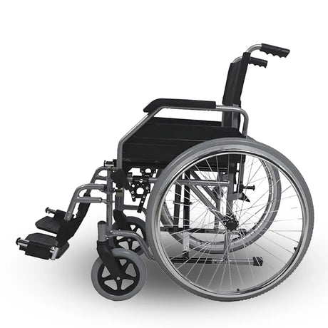 Vista lateral izquierdo de la Silla de ruedas premium con asiento y respaldo acolchados en tejido lavable para higiene de Dortomedical.