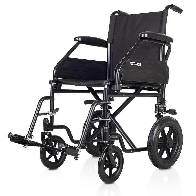 Silla de ruedas de traslado plegable para residencias fabricada en acero resistente, con ruedas macizas antipinchazos y diseño compacto dortomedical