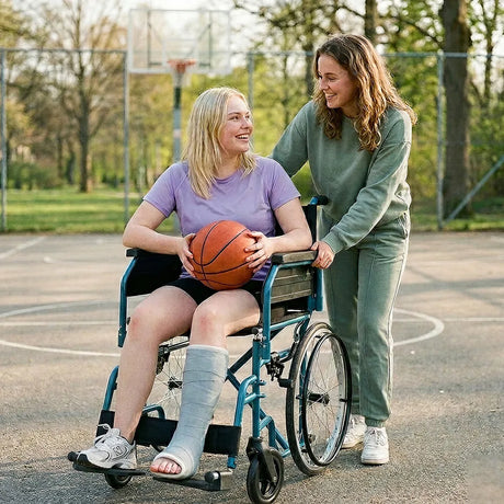 Chicas jugando a baloncesto usando la Silla de ruedas ultraligera de aluminio ideal para traslados frecuentes en coche y viajes de Dortomedical.