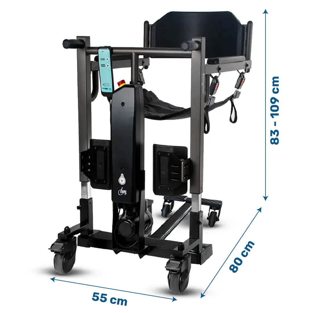 Medidas de la silla de transferencia para baño con arnés de inodoro para facilitar las necesidades del usuario dortomedical
