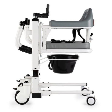 Vista lateral de silla Easy Move configurada con cubeta inodoro extraíble y regulación de altura para facilitar las rutinas de aseo diarias