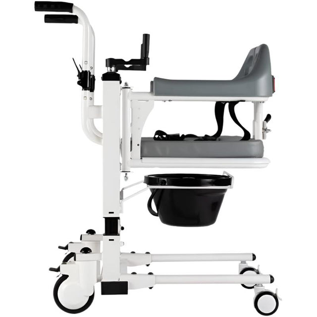 Vista lateral de la silla de transferencia Easy Move para traslado seguro de personas con movilidad reducida en el hogar con apertura de 180 grados dorotmedical