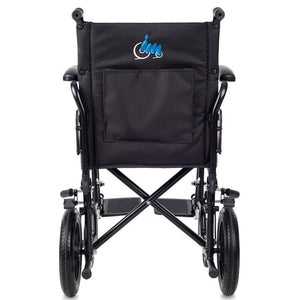 Vista trasera de la silla de traslado para residencias con respaldo de tejido ignífugo de alta seguridad y empuñaduras ergonómicas dortomedical