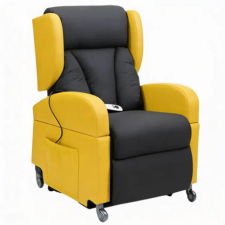 Vista frontal del sillón en posición de reposo con tapicería ignífuga e impermeable, ideal para mantener la higiene en centros hospitalarios y residencias dortomedical