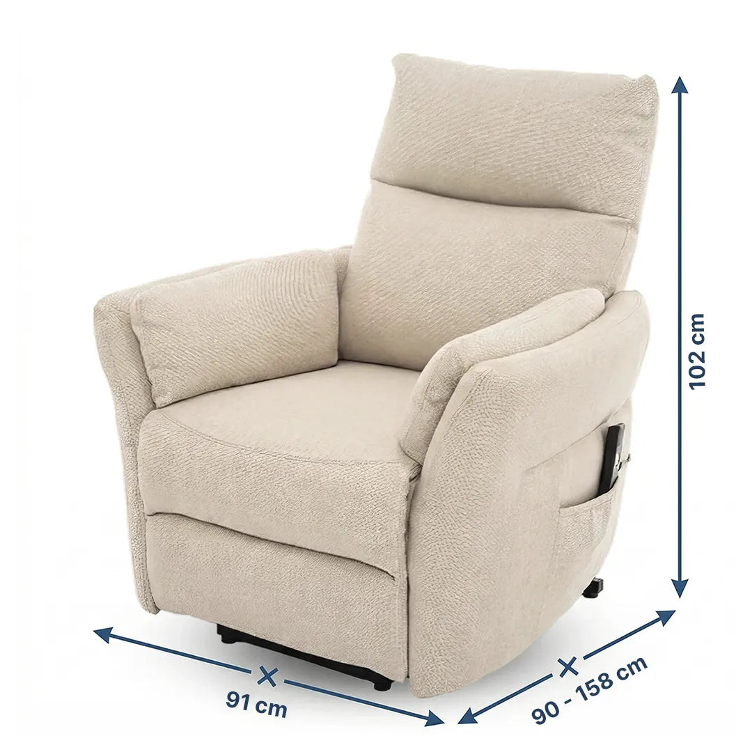 Medidas del Sillón elevador con estructura reforzada de acero y madera maciza que soporta hasta 120 kg de Dortomedical.