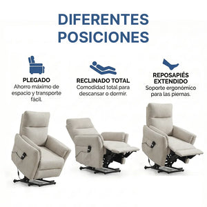Posiciones del Sillón de incorporación eléctrica con mando intuitivo ideal para personas con movilidad reducida de Dortomedical.