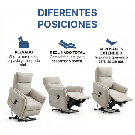 Posiciones del Sillón de incorporación eléctrica con mando intuitivo ideal para personas con movilidad reducida de Dortomedical.