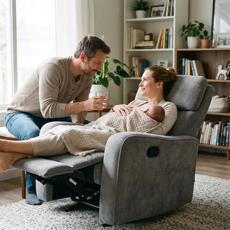 Familia utilizando el sillón lactancia reclinable que ofrece mayor comodidad a la madre para uso cotidiano dortomedical
