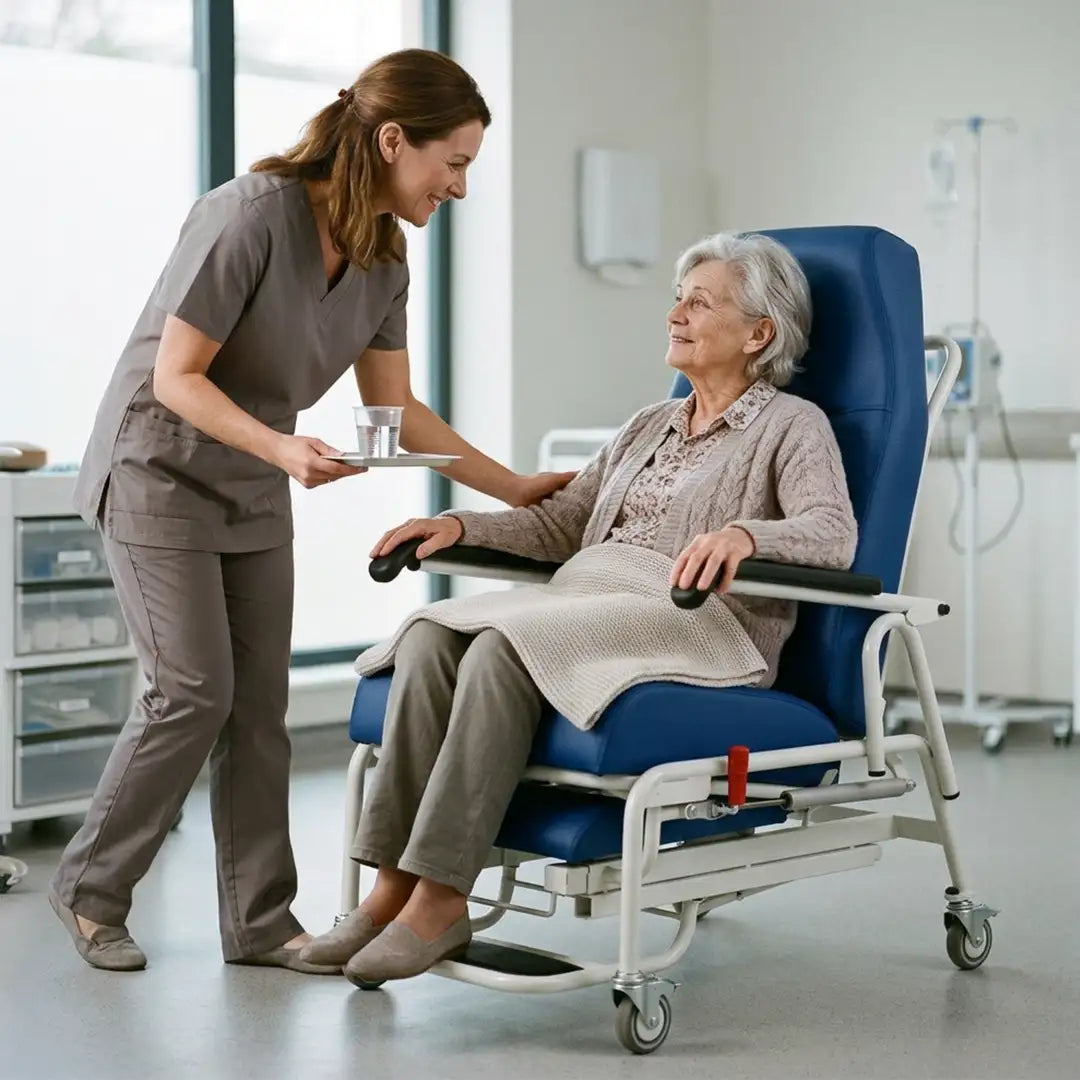Usuaria siendo atendida apoyad en el respaldo articulado de un sillón médico reclinable para adaptar la postura de forma rápida y sencilla dortomedical