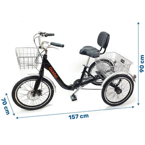Medidas del triciclo eléctrico con motor brushless de 540W de potencia máxima para superar pendientes dortomedical
