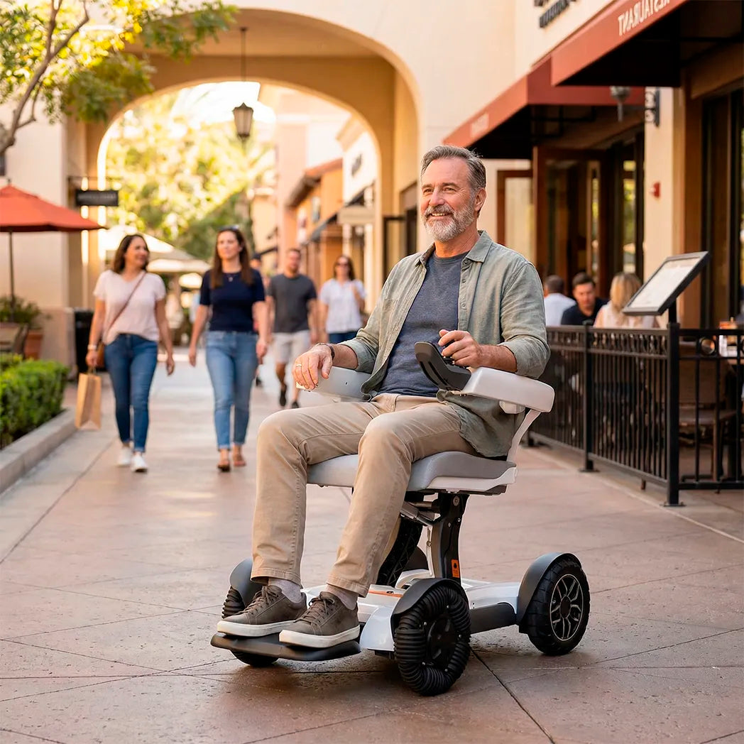 Plano en la calle de la silla eléctrica robooter x40 con control remoto por móvil en uso dortomedical