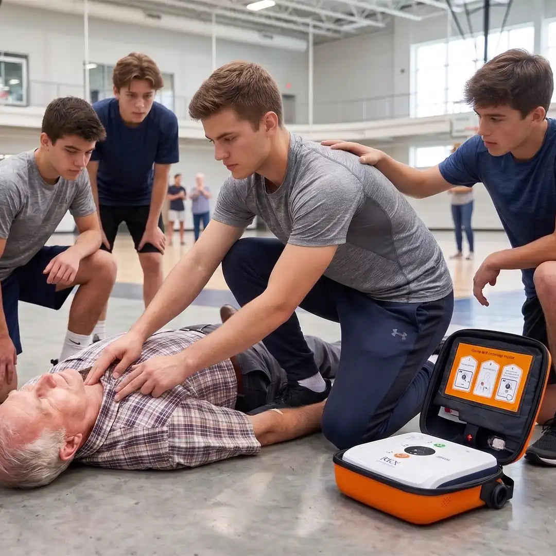 Demostración de uso del desfibrilador siguiendo las instrucciones por voz para aplicar los electrodos universales sobre un paciente en situación de parada cardíaca dortomedical
