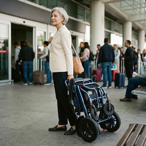 Usuaria utilizando en aeropuerto la silla de ruedas eléctrica para viaje con neumáticos macizos antipinchazos para conducción segura en terrenos irregulares dortomedical