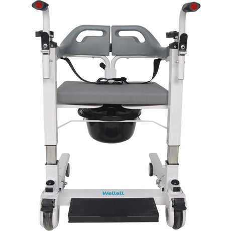 Vista frontal de la silla Easy Move con asiento ergonómico y respaldo de poliuretano diseñado para el máximo confort del paciente con movilidad reducida dortomedical