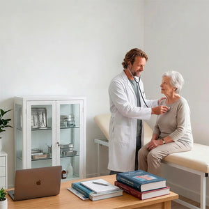 Vitrina médica en consulta sanitaria con material clínico visible durante atención a paciente dortomedical